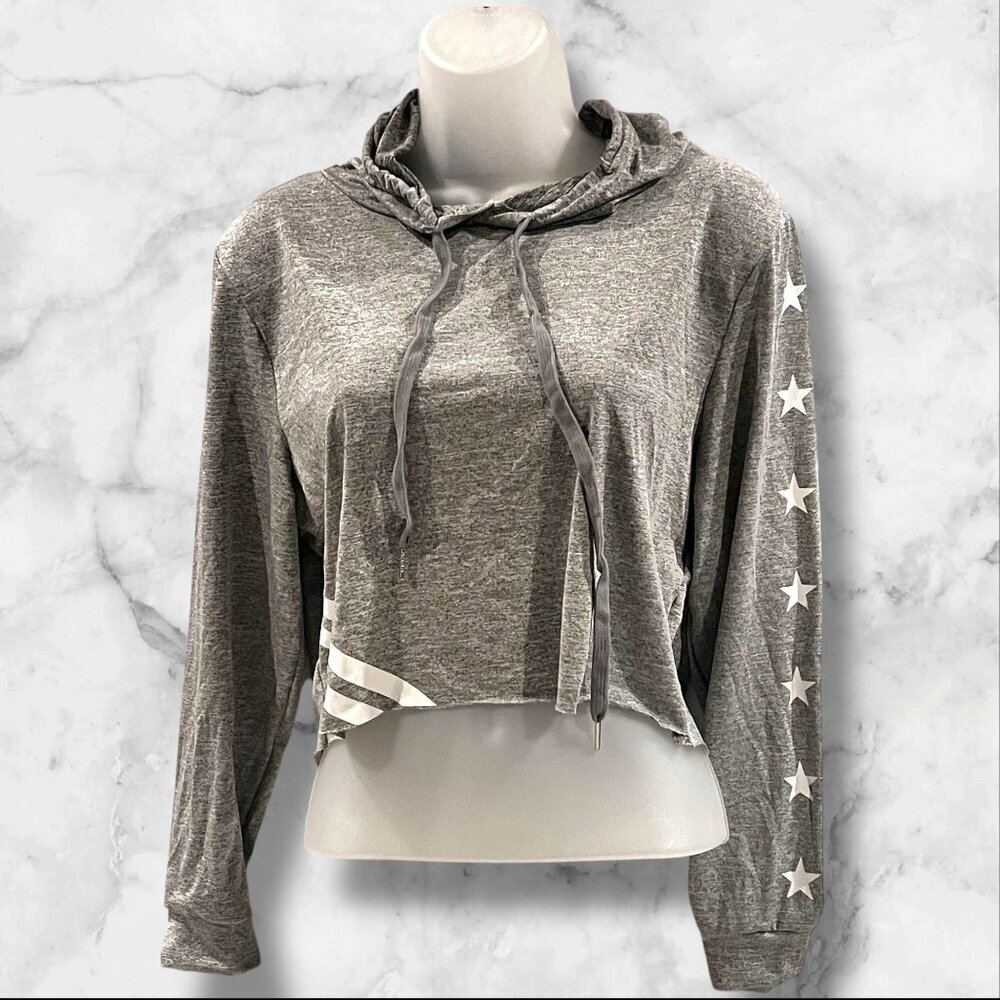 Rainbow Women's Cropped Hoodie Size L Grey Star‎ Sleeve Accents & Drawstring